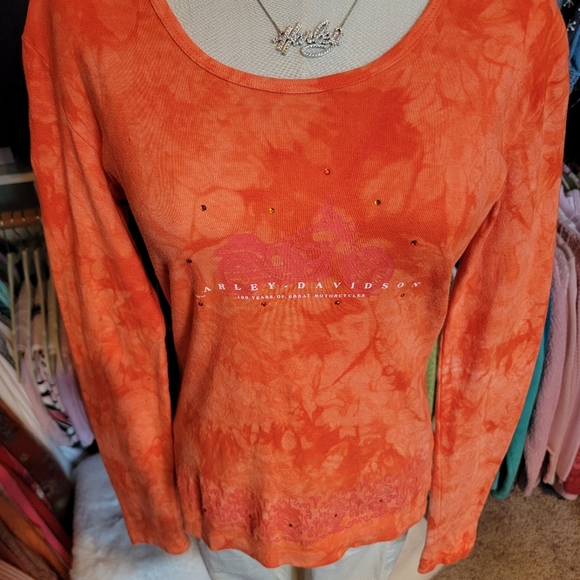 HARLEY-DAVIDSON ♡ Sweet Vintage Orange Tie Dye Embellished Bling H-D Top M - Picture 11 of 17